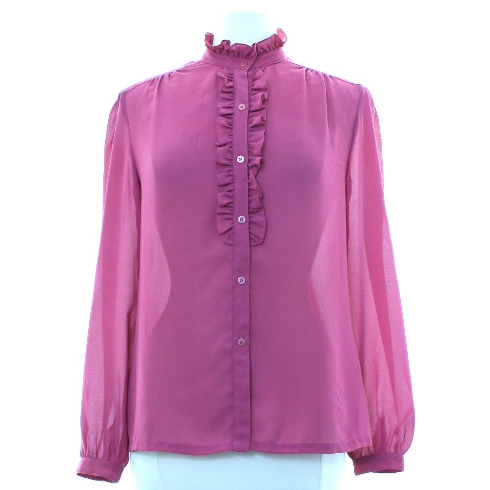 Vintage 80s Women's Medium Emotions Pink Ruffle Front Tuxedo Blouse